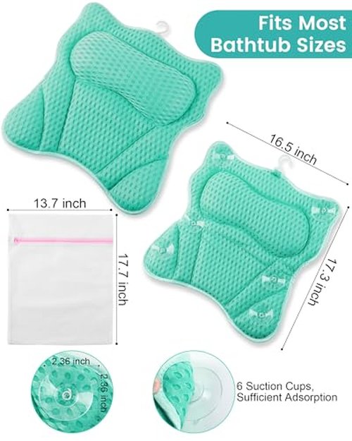 MTDLYICE Bath Pillow, Bath Pillows for Tub Neck and Back Support, Soft 4D Air Mesh Bathtub Pillow 16.5 x 17.3 INCH, with 6 Powerful Suction Cups, Bath Accessories Relaxing Gifts for Women (Gray)