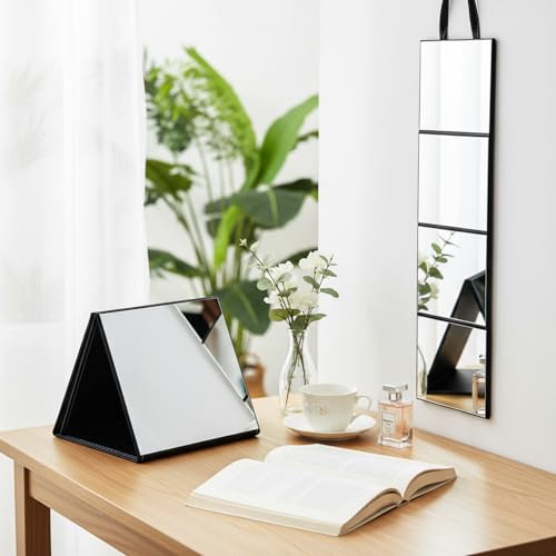 3 Way Foldable Full Length Mirror with Handle 31.89 x 11.22 Inches Leather Portable Camping Travel Hanging Folding Body Mirror for Makeup Dance Home Fitness Spa Hair Styling (Black)
