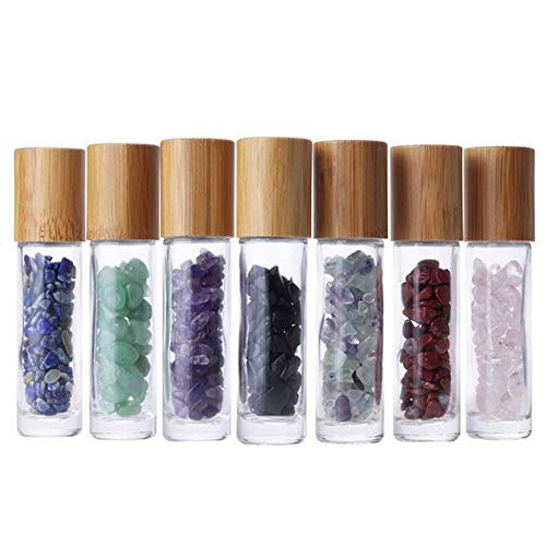 Lasenersm 10 Pieces 10ml Clear Glass Roll-on Bottles with Gemstone Roller Ball and Healing Crystal Chips Inside, Bamboo Lids - Personal Care, Aromatherapy, DIY Beauty or Wellness