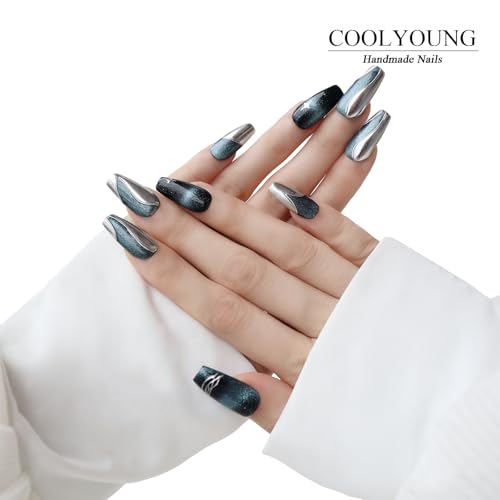 Handmade Press On Nails, Cat Eye Nails, Coffin Nails, Nailphoria Press Ons, Press On Nails Blue, 3D Nails Press On, Acrylic Press On Nails, Gifts For Woman, COOLYOUNG Nails, 10 PCS, Size M