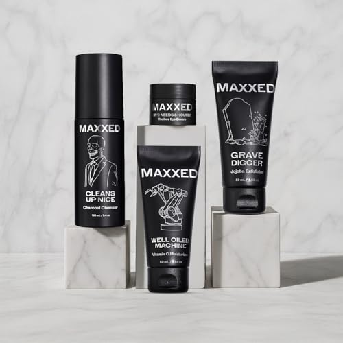 MAXXED Men's Skincare Set - Travel Skincare Set with Under Eye Cream, Charcoal Face Wash, Jojoba Face Scrub and Vitamin C Moisturizer - 4 in 1 Men's Skin Care Kit for Hydration and Pore Cleansing