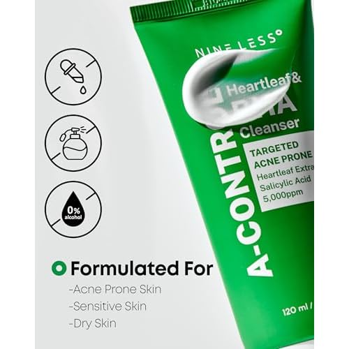 NINELESS A-Control Heartleaf & BHA Cleanser ? Korean Exfoliating Face Wash with Salicylic Acid for Clear Skin ? Blackhead Remover, Deep Pore Cleansing, 4.05oz.