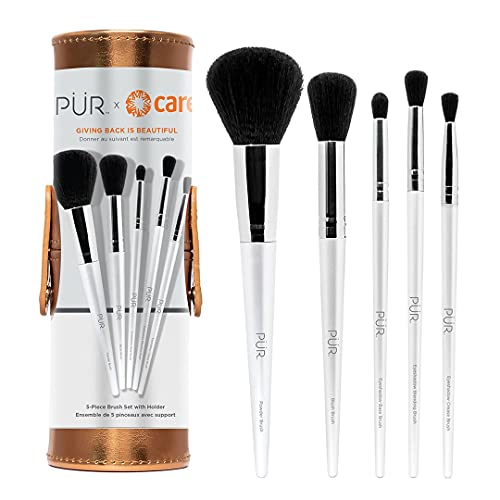 P?R MINERALS x CARE 5-Piece Makeup Brush Set with Holder Case - Professional Quality Makeup Brushes Includes Blush, Powder, Eyeshadow Base, Eyeshadow Blending, and Eyeshadow Crease Brushes