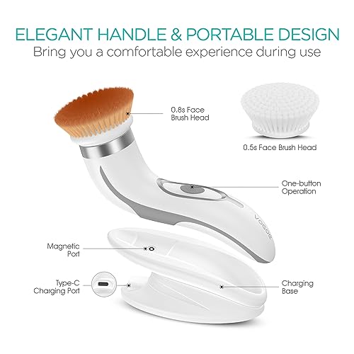 Facial Cleansing Brush-Spin Face Scrubber Exfoliator Rechargeable, 2-Speed Rotation, Electric Face Wash Brushes for Cleansing and Exfoliating, with 2 Brush Heads, Grey
