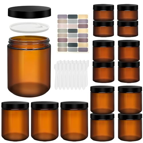 Amber Glass Jars with Lids, 8oz 4oz 2oz 1oz Glass Cosmetic Jars with Inner Liners, Labels & Spatulas, Reusable Lotion Containers for Creams, Body Butter, Scrubs, DIY Cosmetics ? 16 Pack