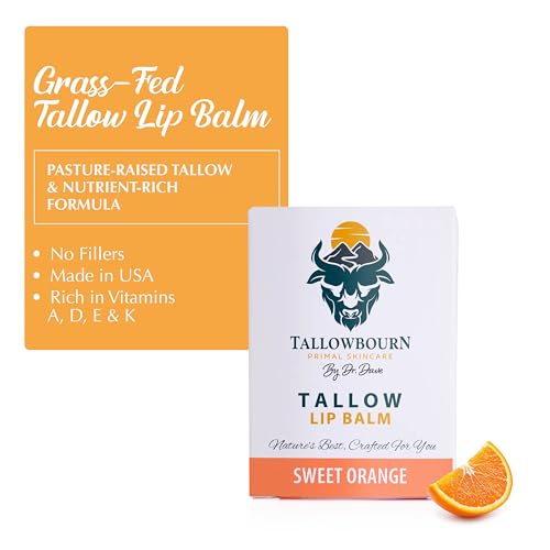 Moisturizing Tallow Lip Balm ? Grass-Fed Beef Tallow with Organic Coconut Oil, Beeswax, and Vitamin E ? Sweet Orange ? Lip Balm Set ? Travel Essential ? 3-Pack
