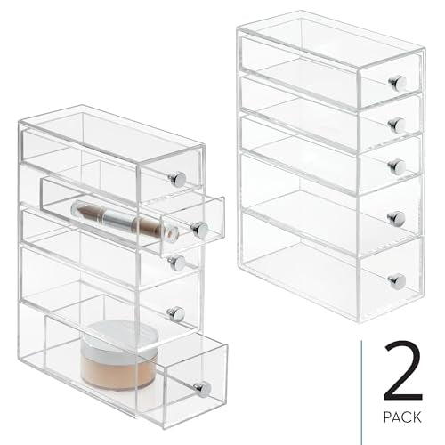 iDesign Stackable Makeup Organizer for Bathroom Countertop or Vanity-Set of 2-Clear Tower-5 Drawer M2