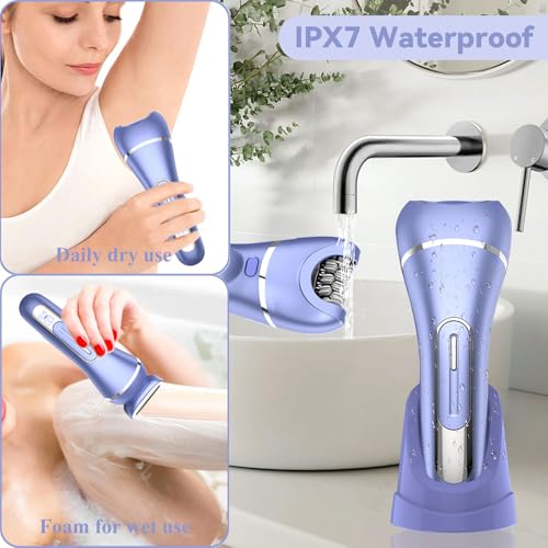 Epilator for Women, 7 in 1 Replaceable Hair Removal & Massager & Cleaner Devices, Bikini Trimmer, Face Massage, Face Exfoliating Brush, Foot Callus Remover, IPX7 Waterproof Razors (Purple)
