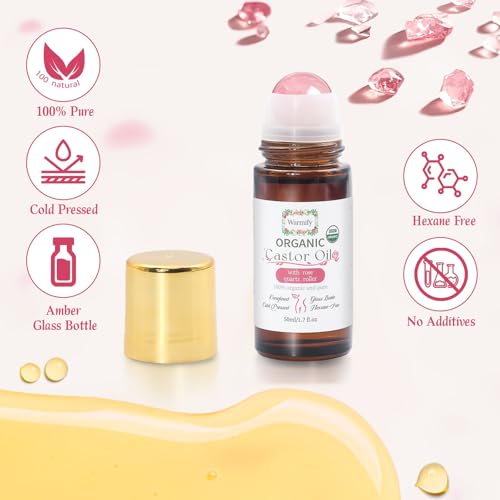 Organic Castor Oil with Rose Quartz Roll On for Body 50ml Large Bottle, Crystal Roller for Skin Moisturizing, Stretch Marks & Dry Areas, Cold-Pressed, Hexane-Free, Relaxing Self-Care Gifts for Women