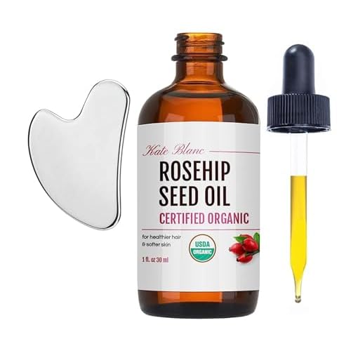 Kate Blanc Cosmetics Rosehip Oil for Face with Stainless Gua Sha (1oz, Organic, Pure, Cold Pressed) Rosehip Seed Face Oil for Gua Sha Massage