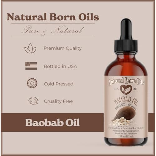 Natural Born Oils 4oz Baobab Oil, 100% Pure and Natural, Organic, Cold-pressed, Unrefined, Non-comedogenic, Moisturizing, Includes Pump & Dropper