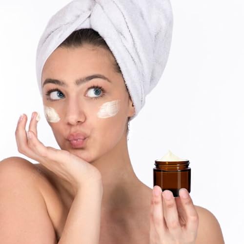 24 Pack 2 oz Round Amber Glass Cosmetic Jars with Inner Liners and Black Lids, Travel Jars, Refillable Containers for Makeup, Cream, Lotion, Sugar Scrubs, Eye Shadow, Slime, Paint, Jewelry