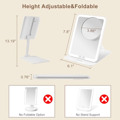 Lighted Travel Mirror with Rechargeable Light, Adjustable Stand & 3 Light Colors