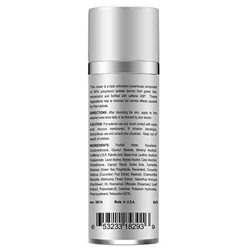 Anti Aging face Cream TRIPLE Antioxidant Treatment Serum For Face, Resveratrol + Green Tea + Caffeine - Visibly Reduce Skin Redness & Calm Irritation -For Sensitive Rosacea Skin -1oz