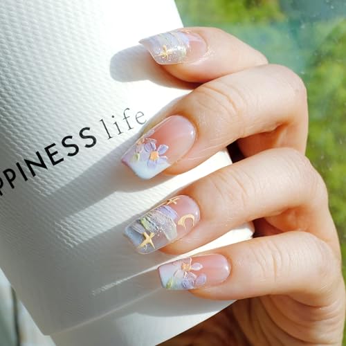 [GLORS] Purly Handmade Medium Ballerina Press on Nails | Oil Painting Style Flower in White and Nude French Tip Nails, 10 Pieces (Medium, MB)