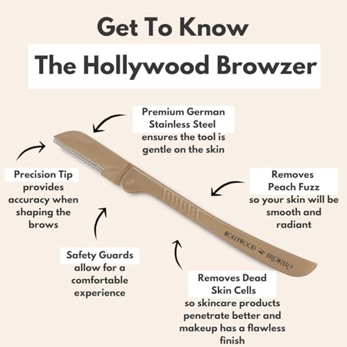 Hollywood Browzer Hair Removal and Dermaplaner - Eyebrow Razor for Women - Removes Peach Fuzz - Travel Size Eyebrow Grooming Kit - Gold - 1 pc