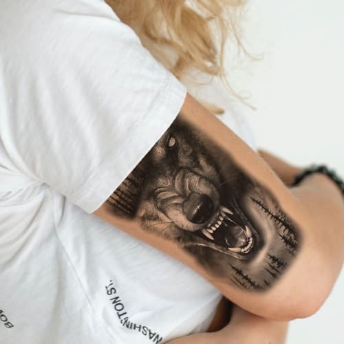 2 Sheets Realistic Animal Temporary Tattoos Stickers Forest Wolf Tree Designs For Men Waterproof Arm Leg Fake Body Art, Gym & Parties Bold Masculine Decals