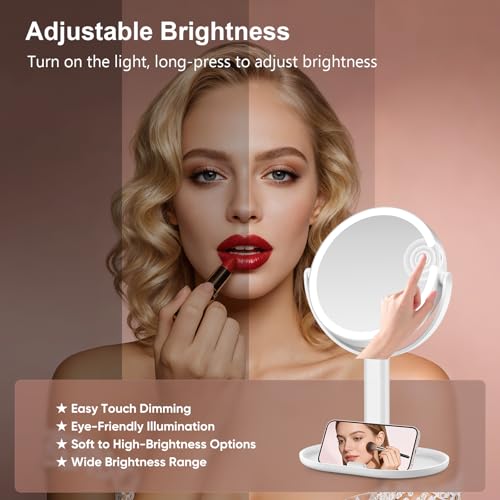 Lighted Makeup Mirror with 10X Magnification, Rechargeable LED Magnifying Vanity Mirror with 3 Lights, Adjustable Height, Storage Base and Phone Holder, Gift for Women, White, 7 inch