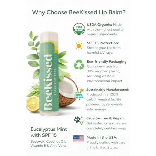 USDA Organic Lip Balm, Eucalyptus Mint with SPF 15, Beeswax, Coconut Oil, Vitamin E & Aloe Vera, 2-Pack (0.15 oz each)