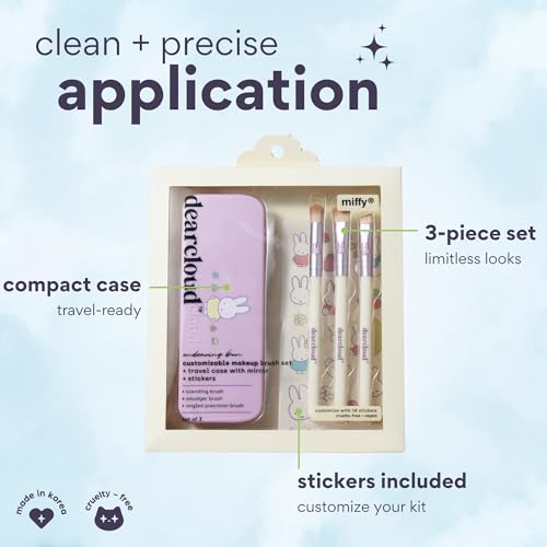 dearcloud Miffy Makeup Brush Set ? Blending, Smudger & Angled Precision Brush with Travel Case, Mirror & Customization Stickers (Endearing Bun)