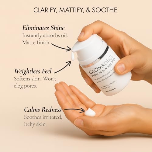 Glowbiotics Probiotic Clarifying Lotion | Oil Control Moisturizer for Oily, Acne Prone & Combination Skin | Reduces Shine & Soothes Redness with Hyaluronic Acid & Smart Peptides | 1.7 fl oz
