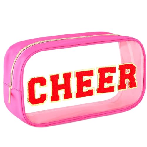 Abbylike Cheer Clear Makeup Letter Bag Cosmetic Zipper Cheers Pouch Chenille Patch Cheerleader Gifts Preppy Cheer Accessories Nylon Handmade Toiletry Bags for Cheerleading Women Girls Gifts, Rose Red