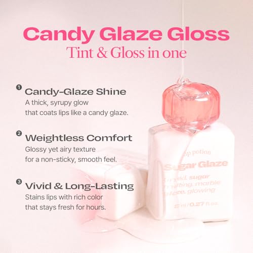 Lip Potion Sugar Glaze Tint | K-Beauty High-Shine & Long-Lasting Lip Tint | Hydrating, Non-Sticky Glossy Finish | 7 Shades | 0.3 Oz (No.1 Nudy Ball)