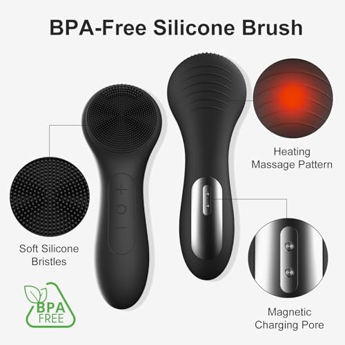 OWLMATE Facial Cleansing Brush, Electric Face Scrubber for Men & Women Waterproof Rechargeable Sonic Vibrating Soft Silicone Face Cleanser Brush for Deep Cleansing, Exfoliating, Massaging (Black)