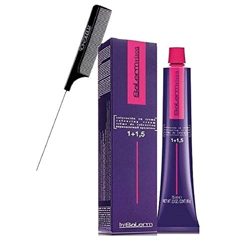 Salerm Cosmetics VISION Salermvision Permanent Cream Hair Color Dye (w/Sleek Steel Pin Rat Tail Comb) Haircolor Creme, Gray Coverage in 30 minutes (1,88 - BLACK BLUE-)