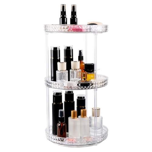 360 Clear Rotating Makeup Organize for Vanity,3 Tiers Lazy Susan with Diamond Pattern, Large-Capacity Skincare Organizers Cosmetic Display Case Organizer for Dresser (Clear White, 3Tiers)
