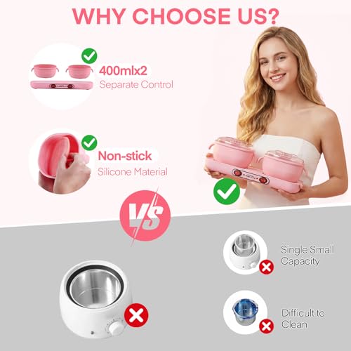 Silicone Wax Warmer for Hair Removal, Yofuly Double Women Waxing Kit with Two Sticks, Home Salon Hot Wax Pot Heater Machine for Body, Leg, Arms, Bikini, Eyebrow