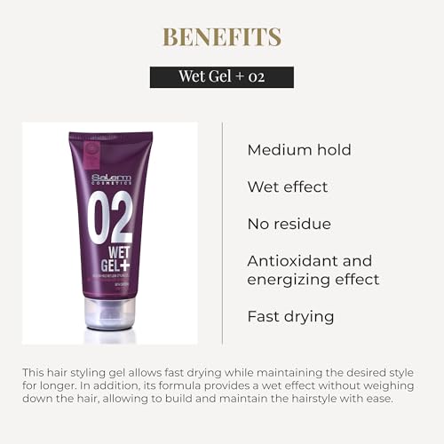 SALERM - Hair Styling Gel - Pro Line Wet Gel + 02-200 ml - Medium Hold - Wet Effect - with Caffeine and Fixative Resins - Leaves No Residue - Antioxidant and Energizing Effect - Quick Drying