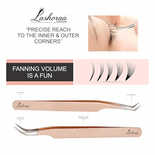 LASHORAA Professional 5pc Lash Extension Tweezers Pack - Fiber Tip Diamond Grip Japanese Steel, Precision Angled Tips - Perfect for Volume & Mega Volume Lashes with Leather Pouch (Peach)