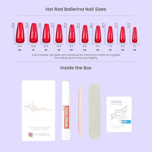Allkem Press On Nails - Hot Red Glossy Extra Long Ballerina Multipack | 10 sizes - 100 pcs False Nails Full Cover Nail Kit with Glue