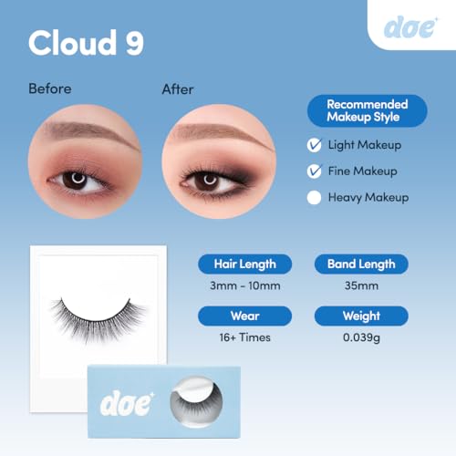 Cloud 9 - Reusable 15 Wears, Natural Looking Vegan False Lashes, Handmade from Korean Silk. Lightweight Cruelty Free Eyelash for Everyday Look - 1 Pair