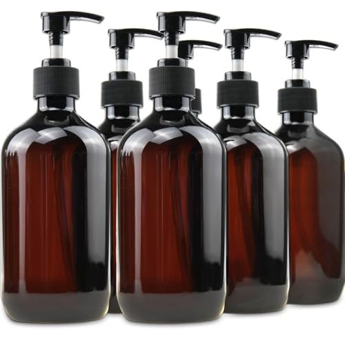 Empty Plastic Bottles with Pump Dispenser and Labels Included, Refillable Travel Containers for Hand sanitizer Shampoo Lotion, etc - No BPA/Parabenf, 500ml/16.9oz (Amber, 6 Pack)