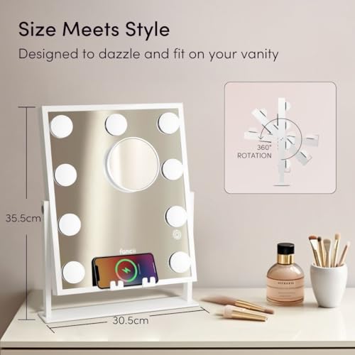 Fancii Vanity Mirror with Lights, BT Speaker, Wireless Charging - Detachable 10X Magnifying Mirror, 9 Hollywood Bulbs, LED Lighted Makeup Mirror with Phone Stand, 3 Color Modes, Adjustable Tilt