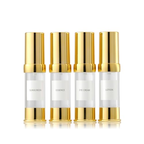 Gold 15ML 0.5 oz Airless pump bottle Toiletries Travel Size containers airport essentials Dispenser with Box Reusable mini lotion plastic travel bottles 4 Packs