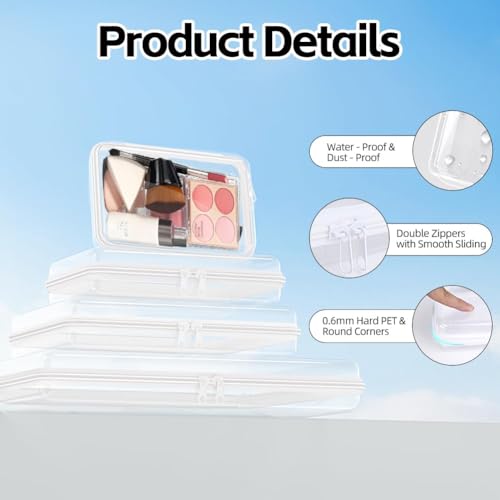 3Pcs Clear Hard Shell Zipper Case -Pouch Bag Plastic Storage Packing Cube Transparent Sided Organizer Lightweight Foldable Container Box for Travel, Pencil, Cosmetics, Toiletry, Toy(MMM)