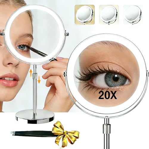 20X/1X Lighted Vanity Makeup Mirror, 3000mAh Rechargeable Height Adjustable Double Sided Magnifying Mirror, 3 Color Light, Brightness Adjustable, 360¡Æ Rotation, Women Gift