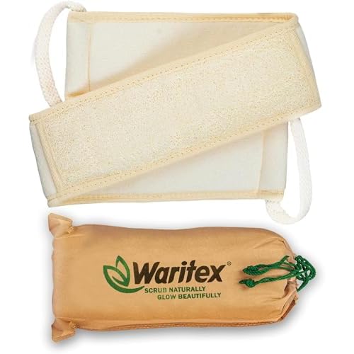 Waritex Natural Egyptian Loofah Back Scrubber for Shower, Extra-Long Exfoliating Strap Made with Natural Egyptian Loofah Fibers, Deep Cleaning Body Sponge for Men and Women ? Soft Cotton Handles