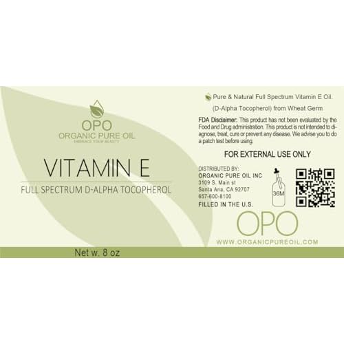 OPO Vitamin E Oil - Pure Full Spectrum D-Alpha Tocopherol Derived from Wheat Germ, Soy-Free for Hair Skin Face Body Nails Cuticles Antioxidant (8 oz)