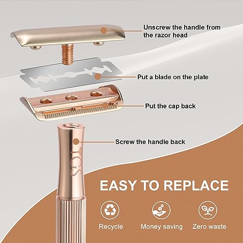 Single Blade Razor with 10 Double Edge Safety Razor Blades Refill, Metal Razor for Men Women, Zero Waste Reusable Eco-Friendly Razor for Close Smooth Shave - Gold