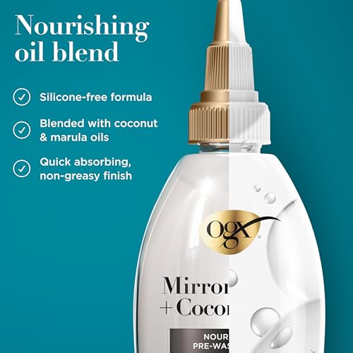 OGX Mirror Shine + Coconut Oil Pre-Wash Hair Gloss, Nourishing Rinse Out Hair Treatment for 48 Hours of Glossy Shine & Damage Repair, Lightweight Oil Mends Split Ends, 4 fl. oz