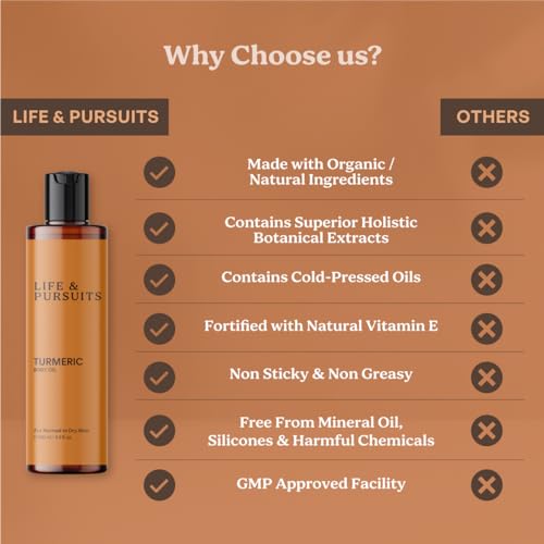 Life & Pursuits Turmeric Body Oil - Ayurvedic Natural Body Massage Oil with Vitamin E, Coconut Oil, Almond & Squalane| Reduces Dark Spots, Brightens Skin (6.8 Fl Oz (1Pack))