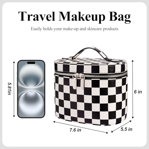 Makeup Bag, Checkered Makeup Bag with Compartments and Handle, Portable Cosmetic Organizer Bags,Toiletry Bag for Women