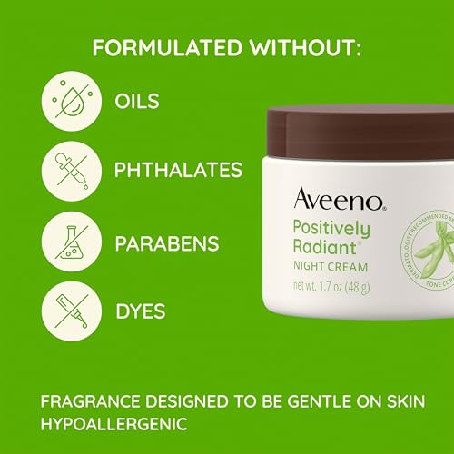 Aveeno Positively Radiant Moisturizing Face & Neck Night Cream with Tone Correcting Soy & Niacinamide,Night Cream Targets Dull Skin-& Evens Skin Tone-& Texture,Hypoallergenic,1.7 oz,(Pack of 2)