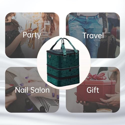 Large Nail Polish Organizer Case Hold 84+ Bottles Nail Polish & Nail Lamp, 3 Layers Nail Organizers and Storage for Nail Tech with Divider, Travel Carrying Case(Green)