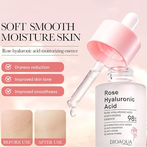 BIOAQUA Face Rose Hyaluronic Acid 98% Moisturizing Essence Facial Serum Hydration Shrink Pores Anti-Oxidation Nourishes 30ml / 1fl.oz
