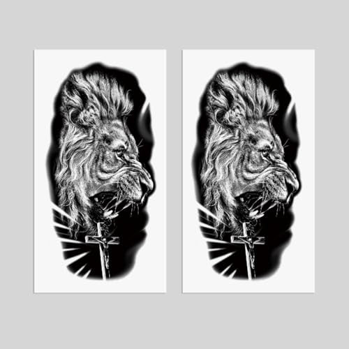 2 Sheets Realistic Animal Temporary Tattoos Stickers Black Lion Cross Designs For Men Waterproof Arm Leg Fake Body Art, Gym & Parties Bold Masculine Decals